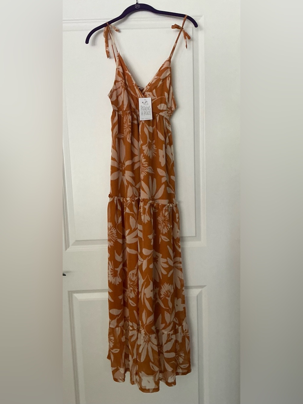 NWT XS Patrons of Peace Rust Orange and Cream Floral Maxi Dress